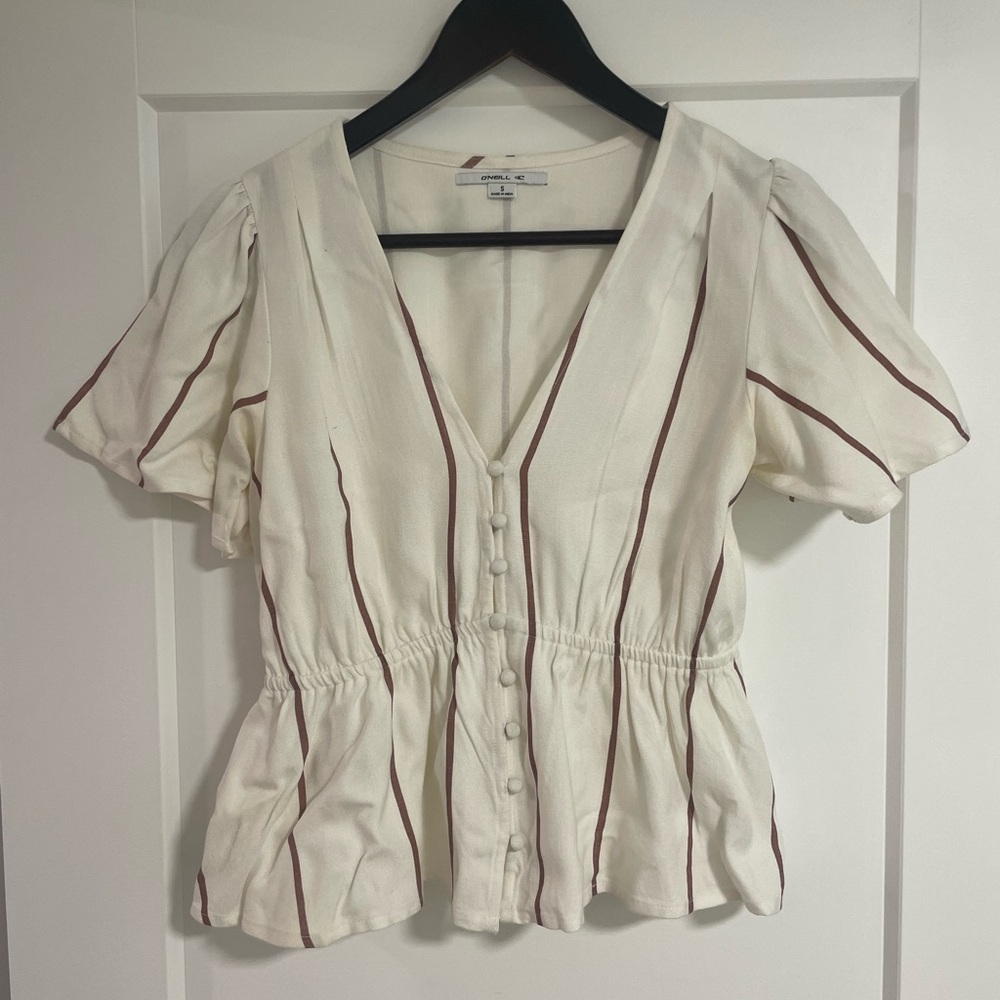 O'Neill Cream Buttoned Peplum Blouse with Flutter Sleeves